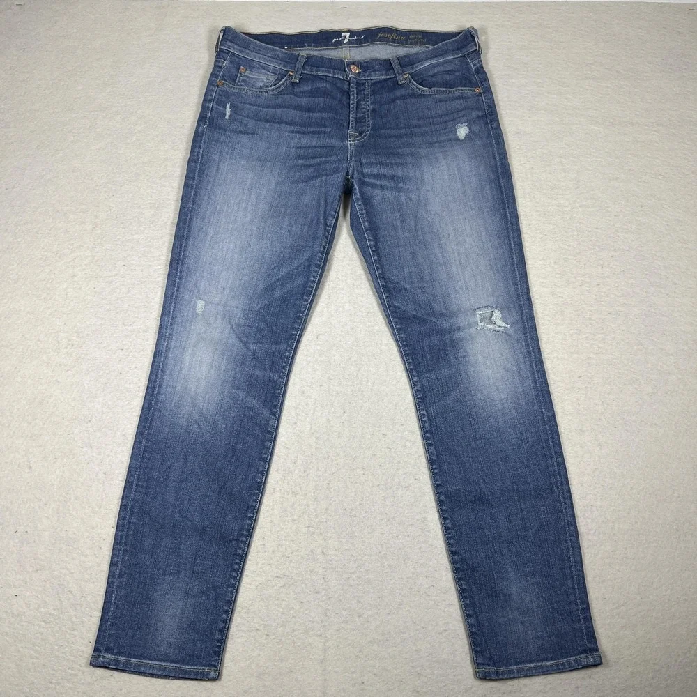7 For All Mankind Josefina Skinny Boyfriend Jeans Womens 30 Blue Distressed USA - Picture 3 of 16